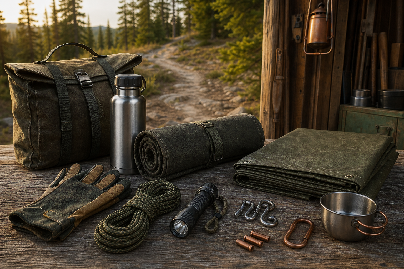 Organized outdoor gear on a field work table