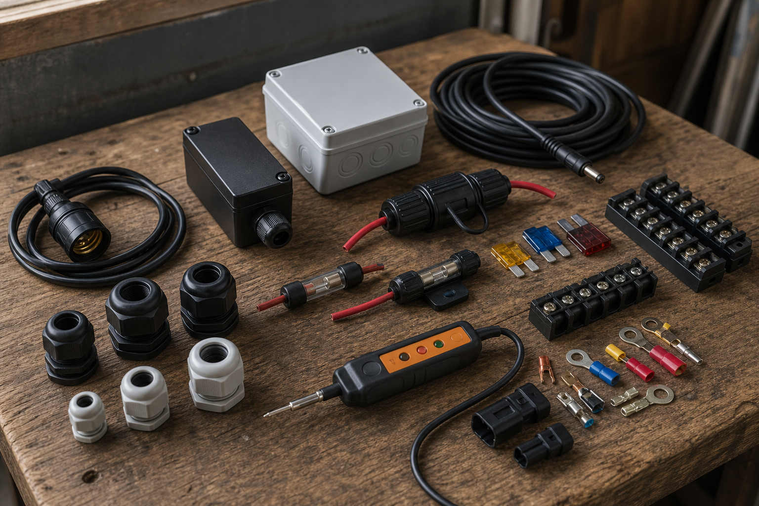 Electrical utility hardware, fuse holders, terminals, and installation parts on a workbench